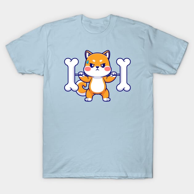 Cute Shiba Inu Lifting Bone Barbell Cartoon T-Shirt by Catalyst Labs